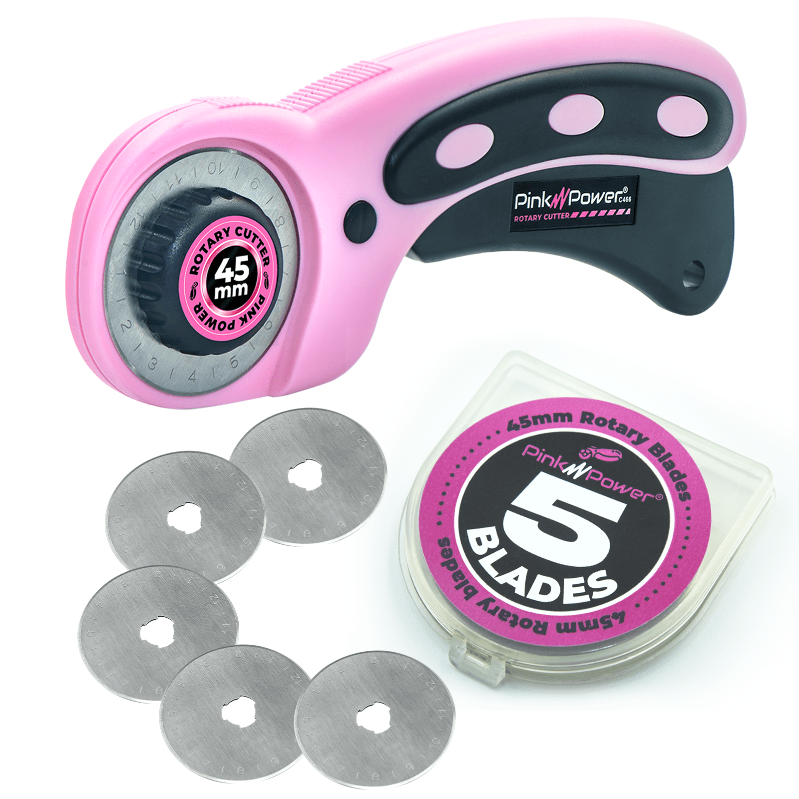 45mm MANUAL ROTARY CUTTER w/ 5-Pack BLADES SET Pink Power 
