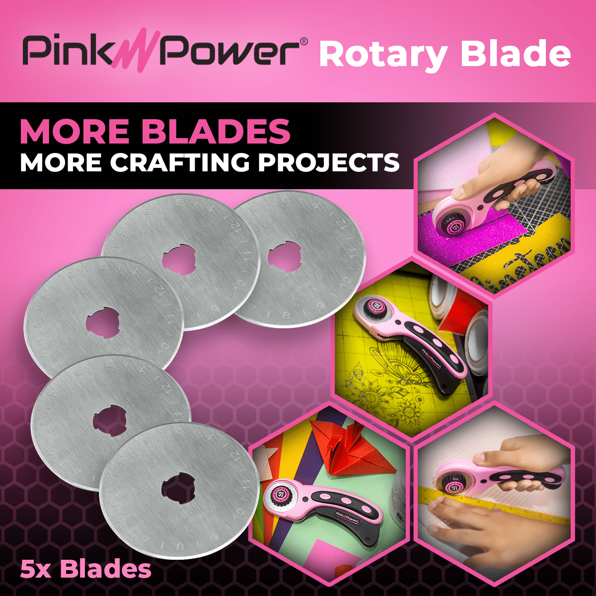 45mm MANUAL ROTARY CUTTER w/ 5-Pack BLADES SET Craft Item Pink Power 