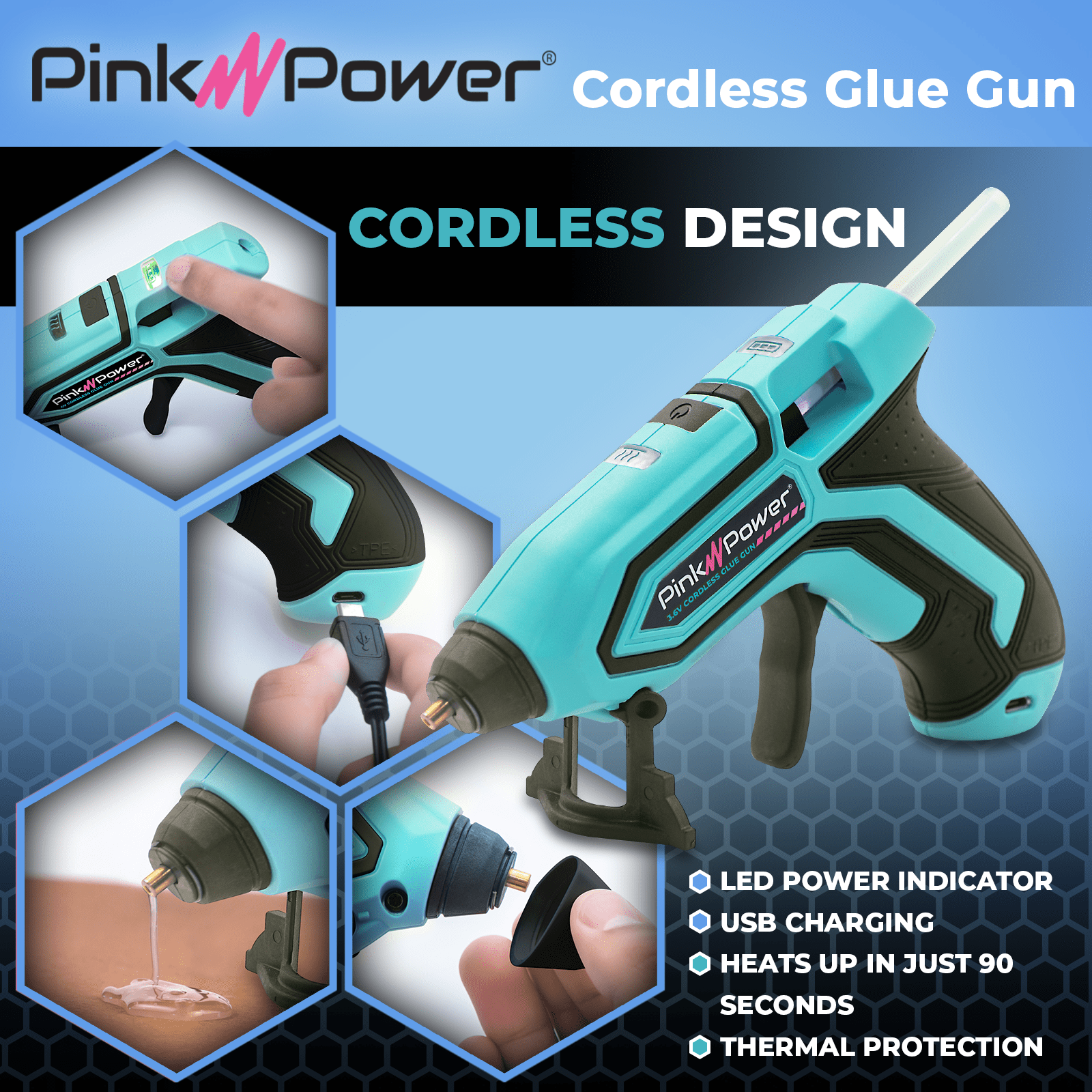 Hot Glue Gun, 20V Pink Cordless Glue Gun with 30 Pcs Full Size Glue Sticks, Women's
