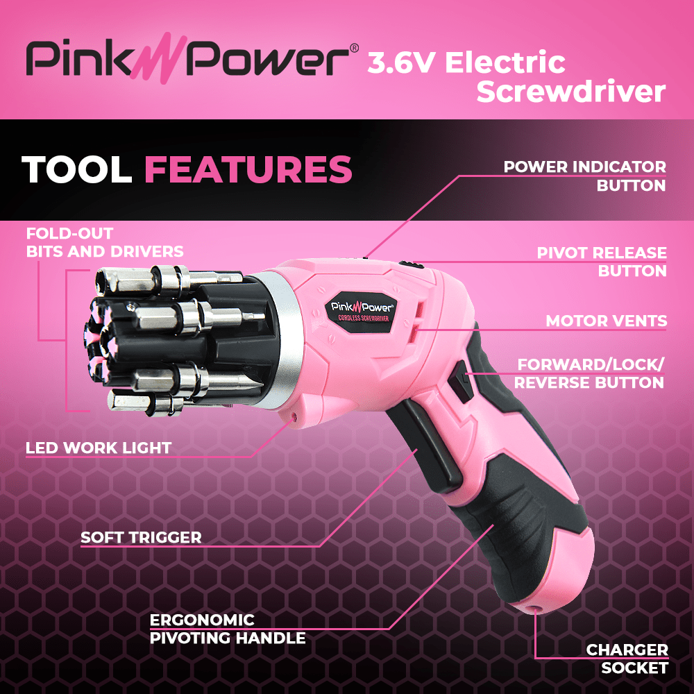 3.6-VOLT LITHIUM ION CORDLESS SCREWDRIVER KIT WITH BUBBLE LEVEL Tool Kit Pink Power 