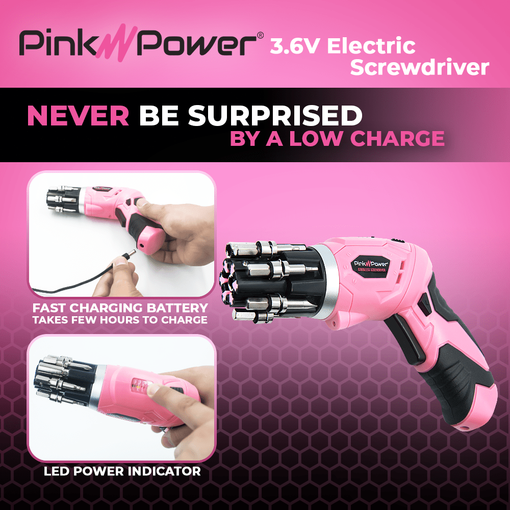 3.6-VOLT LITHIUM ION CORDLESS SCREWDRIVER KIT WITH BUBBLE LEVEL Tool Kit Pink Power 