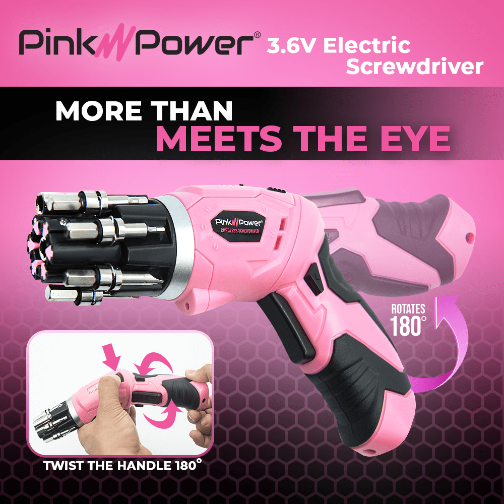 3.6-VOLT LITHIUM ION CORDLESS SCREWDRIVER KIT WITH BUBBLE LEVEL Tool Kit Pink Power 