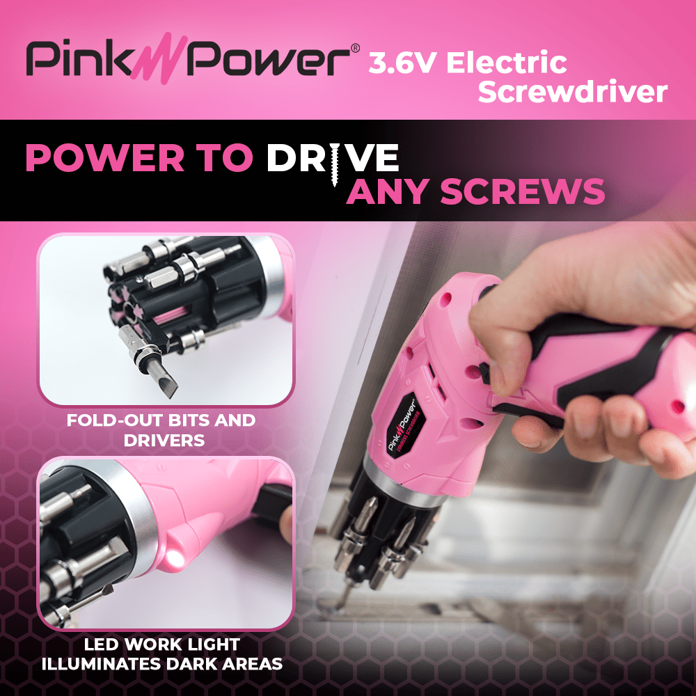 3.6-VOLT LITHIUM ION CORDLESS SCREWDRIVER KIT WITH BUBBLE LEVEL Tool Kit Pink Power 