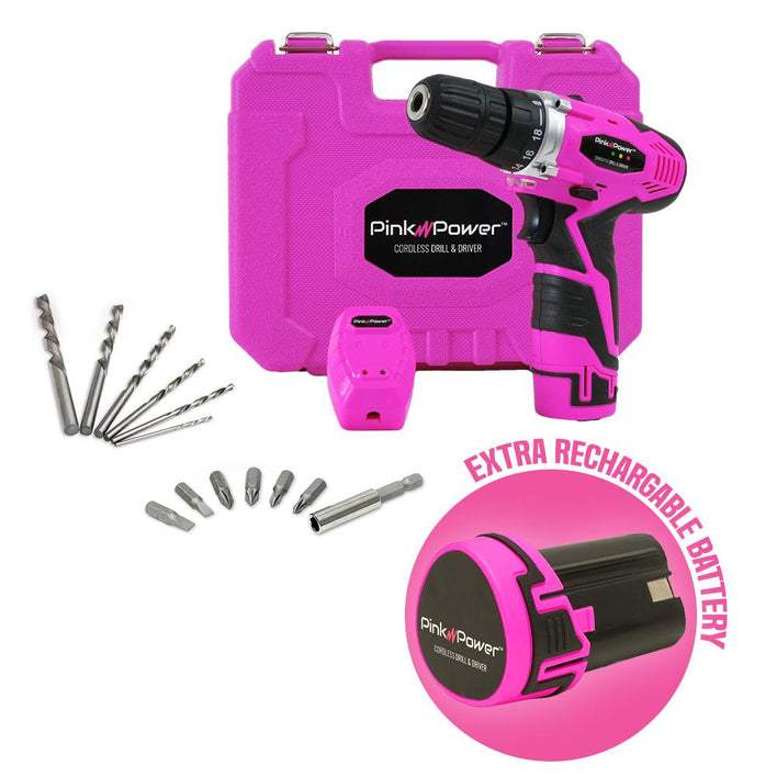 12-VOLT LITHIUM ION CORDLESS DRILL KIT AND EXTRA BATTERY BUNDLE Pink Power