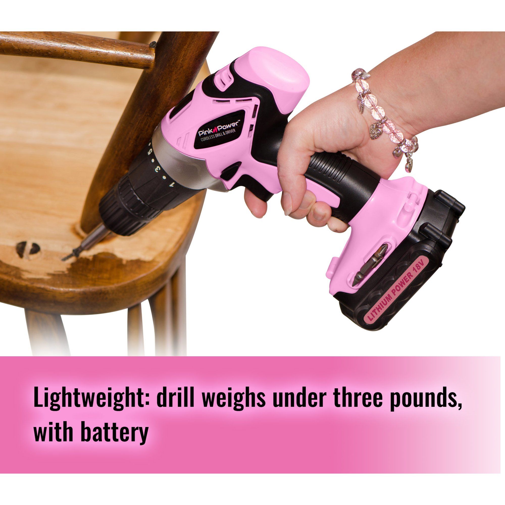 Pink Power 12 V Cordless Electric Drill Set Tool Case, 12 Volt