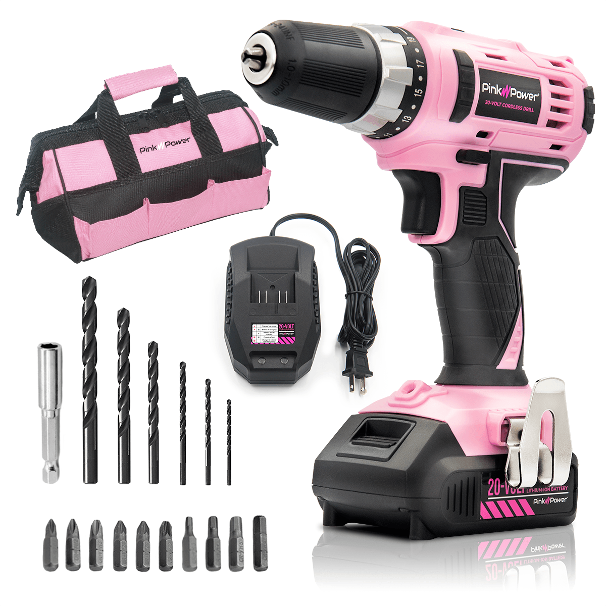 20 VOLT LITHIUM ION CORDLESS DRILL KIT Pink Power 
