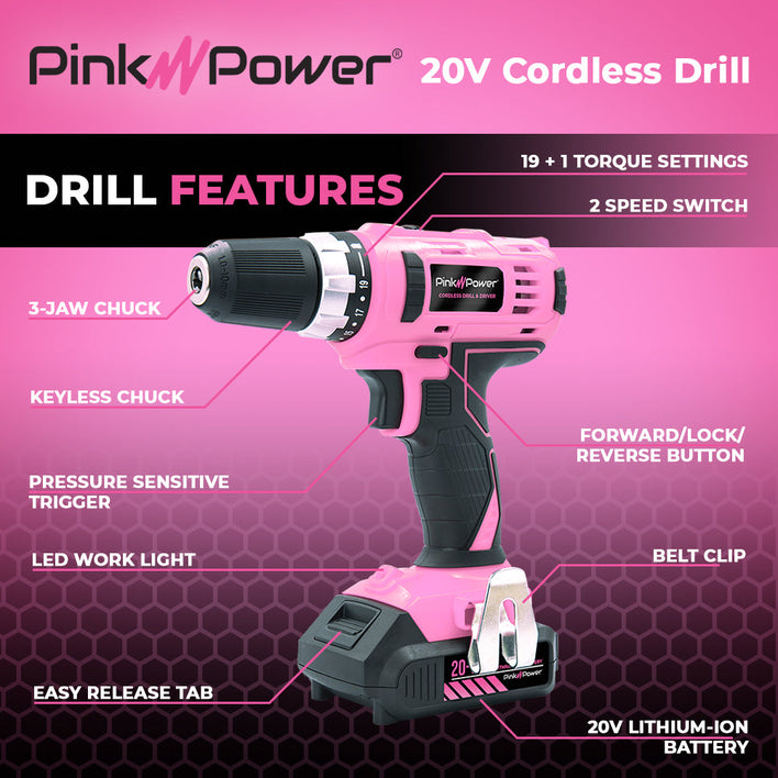 PP203 20-Volt Lithium-Ion Cordless Drill Pink Power 