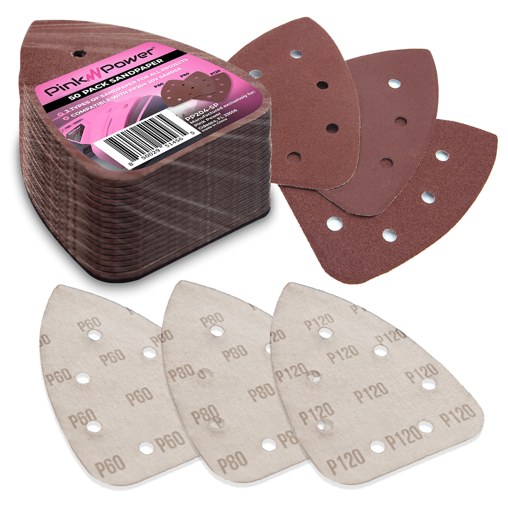 50pcs. Sandpaper for 20V PP204 Cordless Electric Hand Sander - P60/P80/P120 Grit Tool Accessory Pink Power 