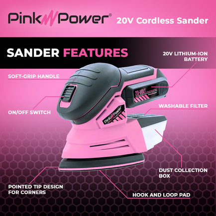 PP204 20V Cordless Sander Kit Pink Power 