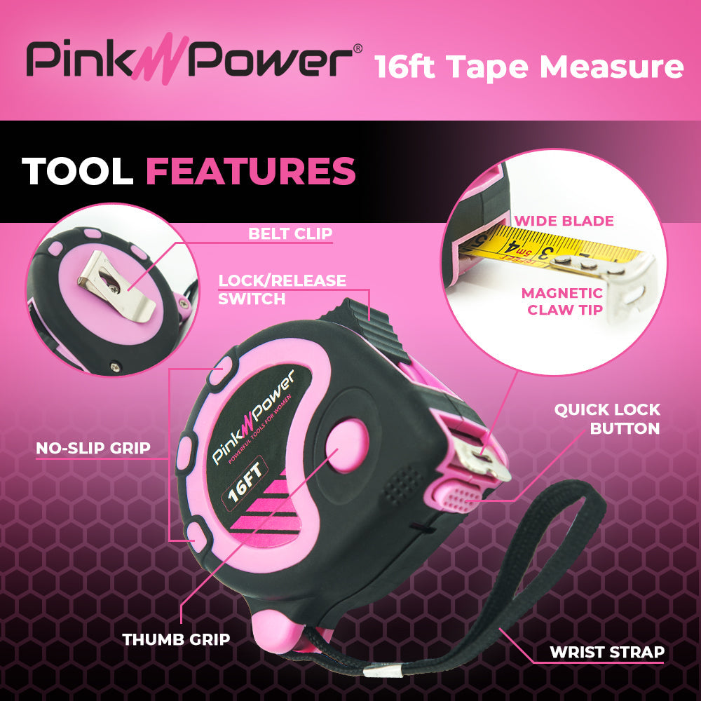 Pink Power 16ft Pink Tape Measure - Pink Measuring Tape Measure for Womens Tool Kit with Retractable Blade and Lock Button - Girls Tape Measure for