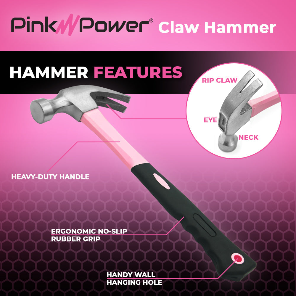 Pink Power 16oz Pink Hammer Small Hammer for Women Mini Claw Hammer for Pink Tools DIY and Craft Hammer for Women All Purpose Hammer with Slip