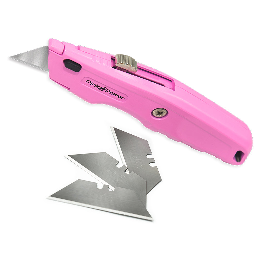 Pink Power Retractable Box Cutter Utility Knife with 3 High Carbon Steel  Replacement Blades