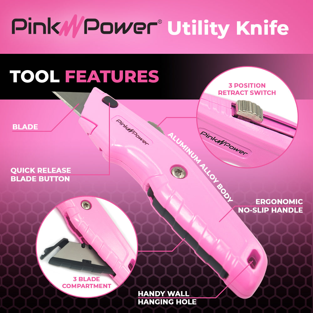 Pink Power Box Cutter - Utility Knife - Box Cutter Retractable - Heavy Duty Box Cutter with 3 Blades