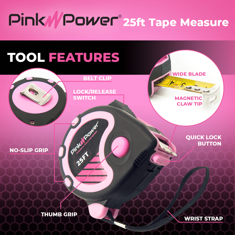 25FT RETRACTABLE TAPE MEASURE Tape Measures Pink Power 