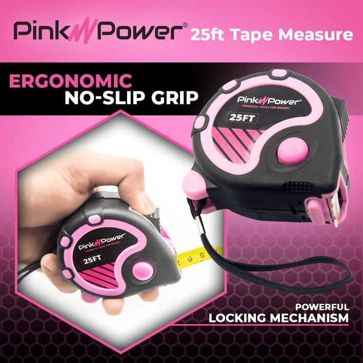 25FT RETRACTABLE TAPE MEASURE Tape Measures Pink Power 